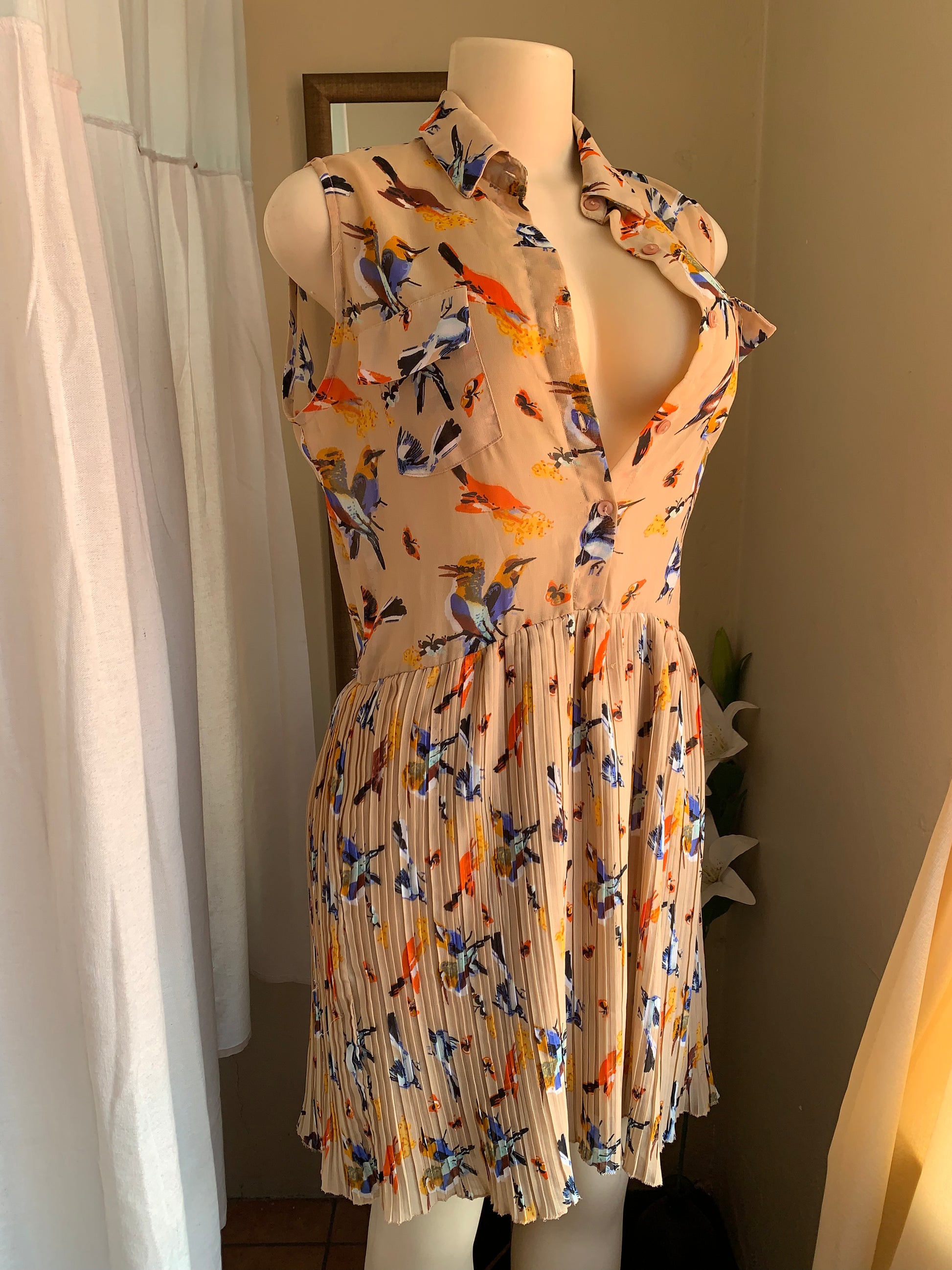 Bird print button down Sun dress small