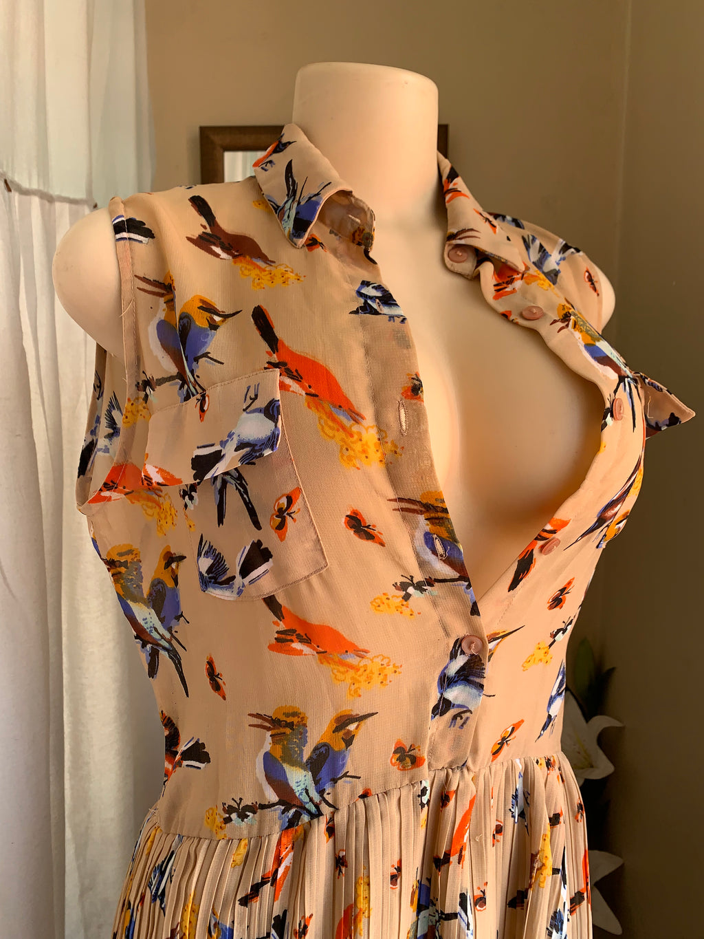 Bird print button down Sun dress small