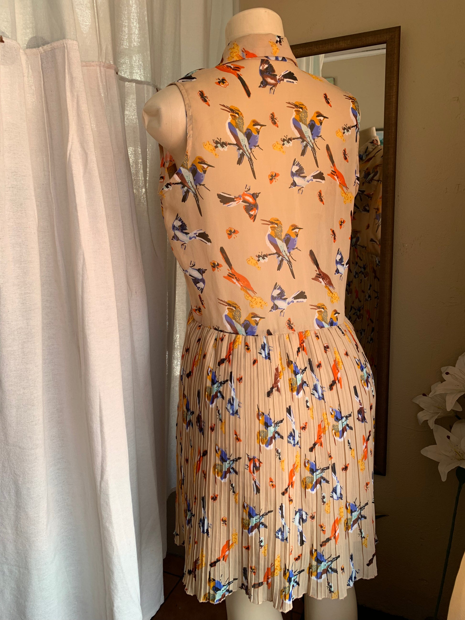 Bird print button down Sun dress small