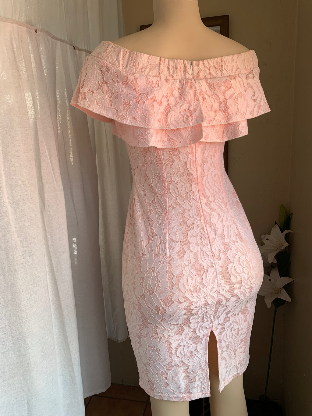 Baby pink lace off the shoulder dress s