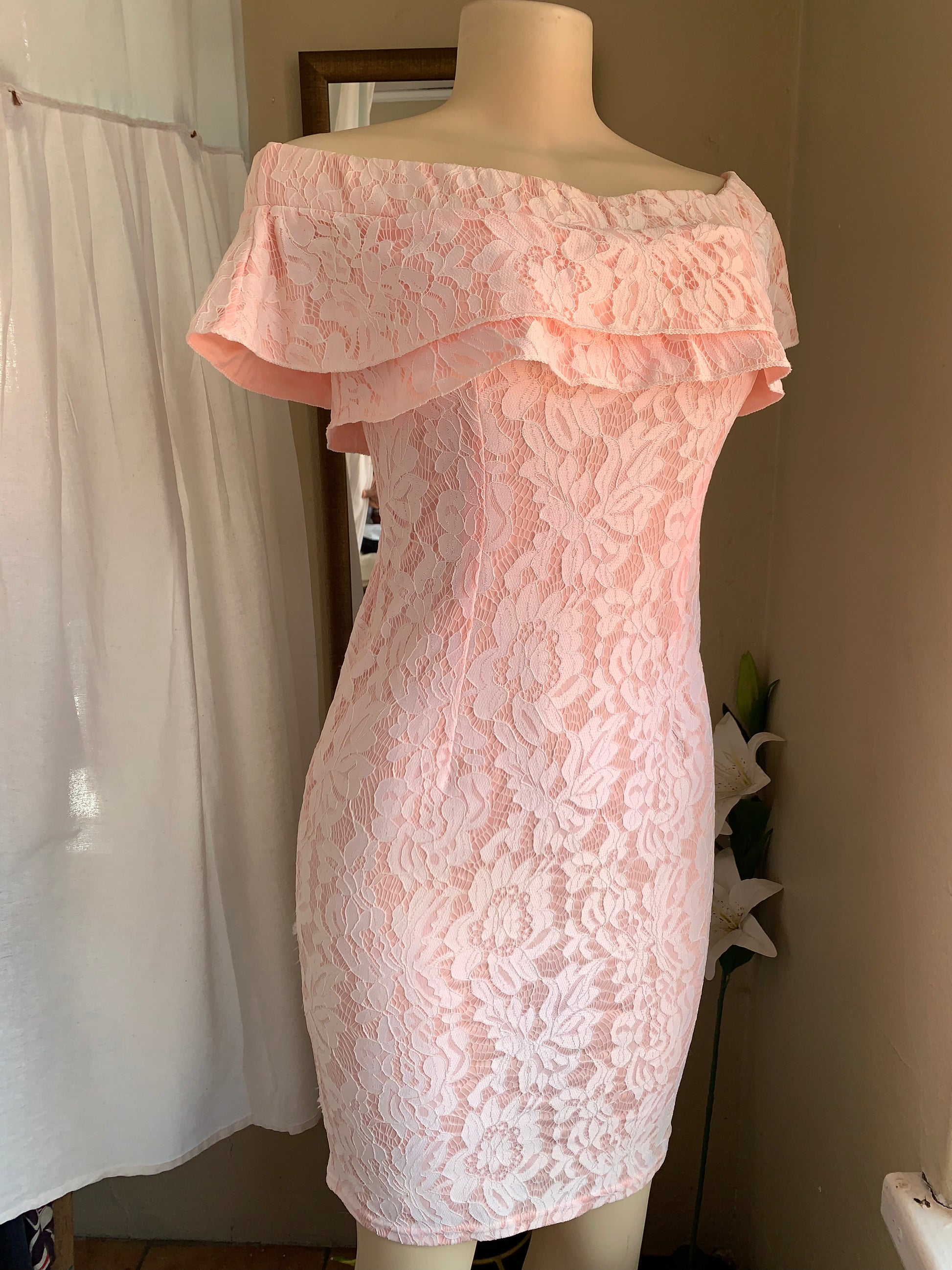 Baby pink lace off the shoulder dress s