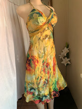 Load image into Gallery viewer, retro Silky halter back multicolour midi dress Size 4 /s
