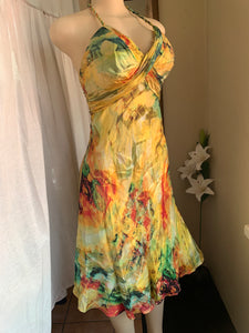 retro Silky halter back multicolour midi dress Size 4 /s