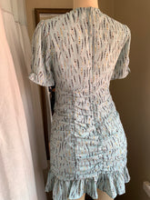 Load image into Gallery viewer, Baby blue feather pattern cocktail dress with singe skirt detailing M
