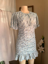 Load image into Gallery viewer, Baby blue feather pattern cocktail dress with singe skirt detailing M
