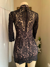 Load image into Gallery viewer, Lace high neck mini black dress with sweetheart neckline detail s
