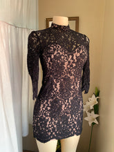 Load image into Gallery viewer, Lace high neck mini black dress with sweetheart neckline detail s
