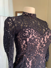 Load image into Gallery viewer, Lace high neck mini black dress with sweetheart neckline detail s
