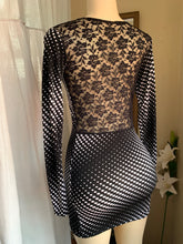 Load image into Gallery viewer, Abstract polka date night black+white mini dress deep V lace back detail s
