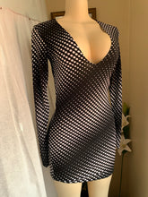 Load image into Gallery viewer, Abstract polka date night black+white mini dress deep V lace back detail s
