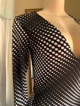 Load image into Gallery viewer, Abstract polka date night black+white mini dress deep V lace back detail s
