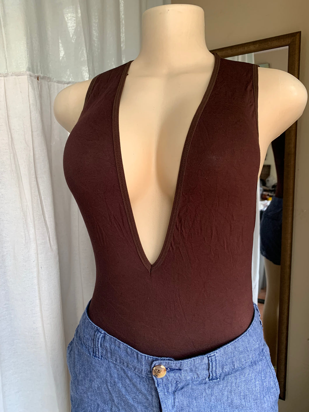 Chocolate brown deep V stretch bodysuit M can fit L