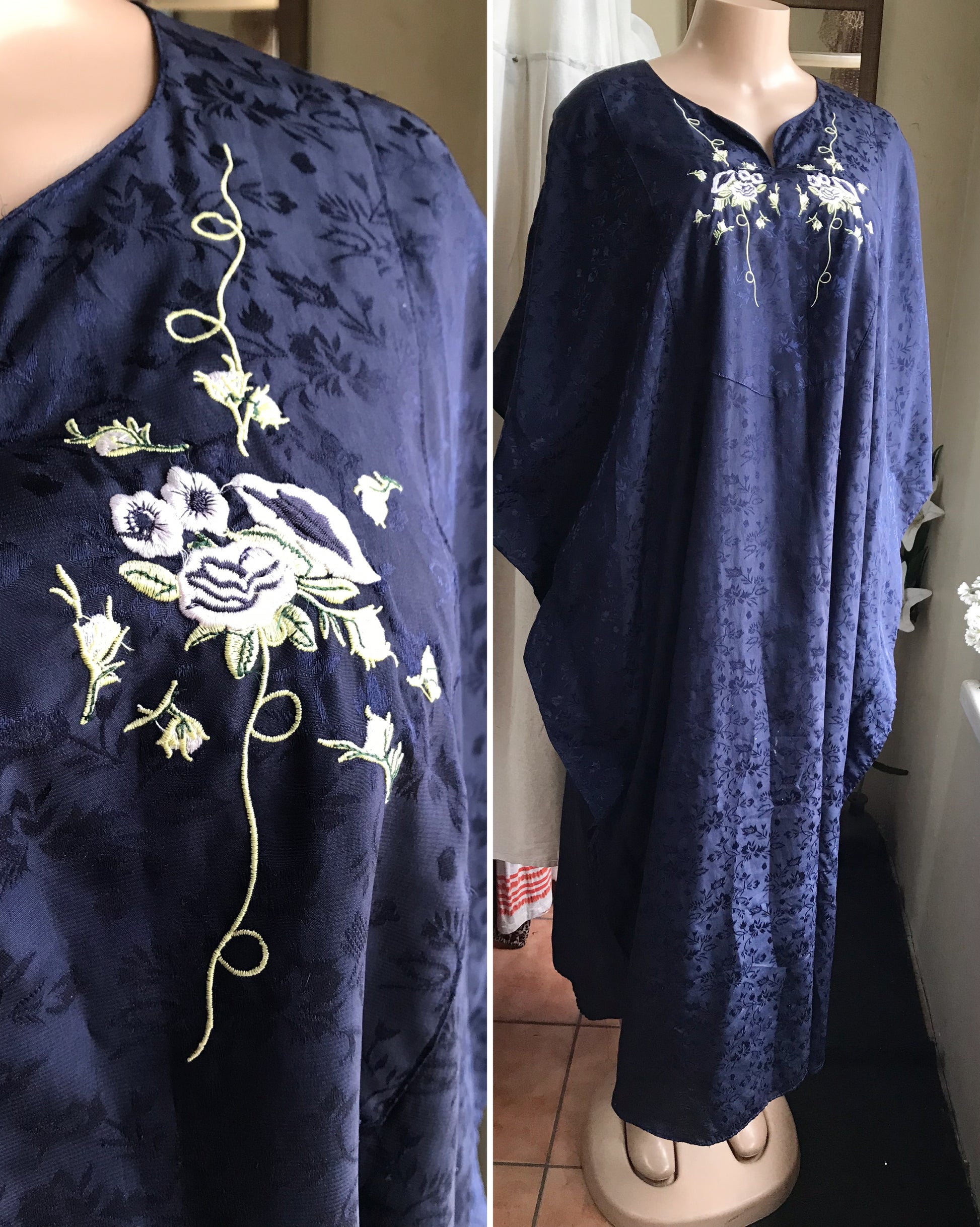 vintage silky maxi kaftan : navy blue embroidery