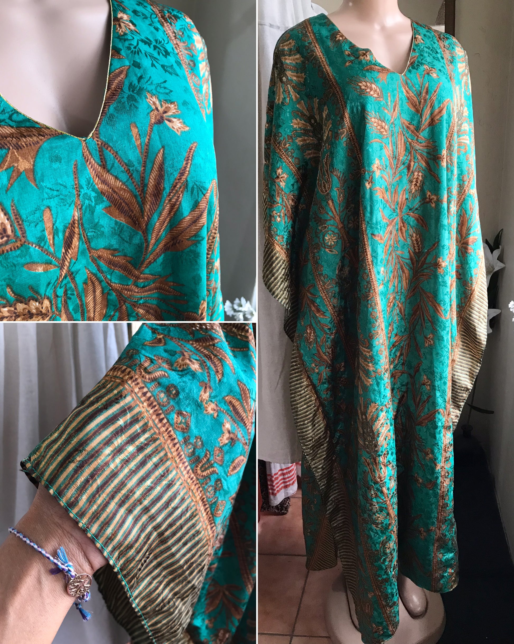 vintage silky maxi kaftan : green print