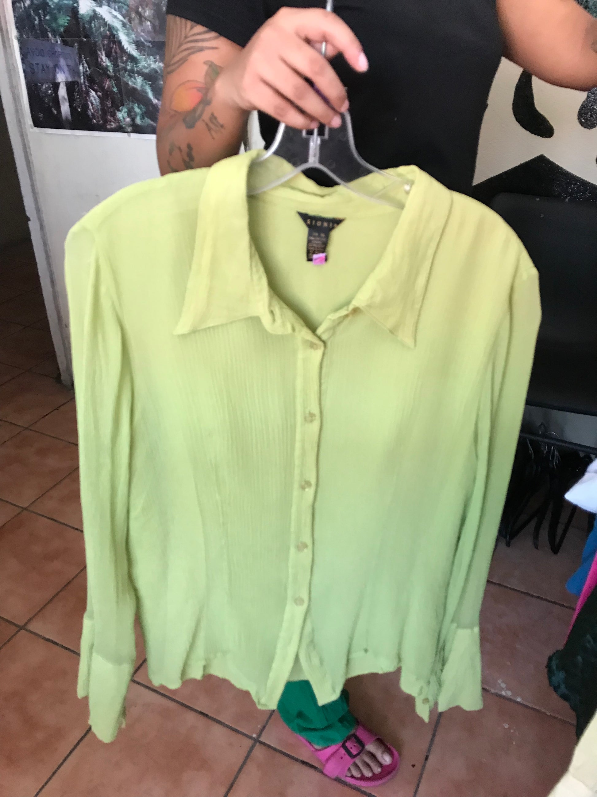 Green crinkle silk button blouse