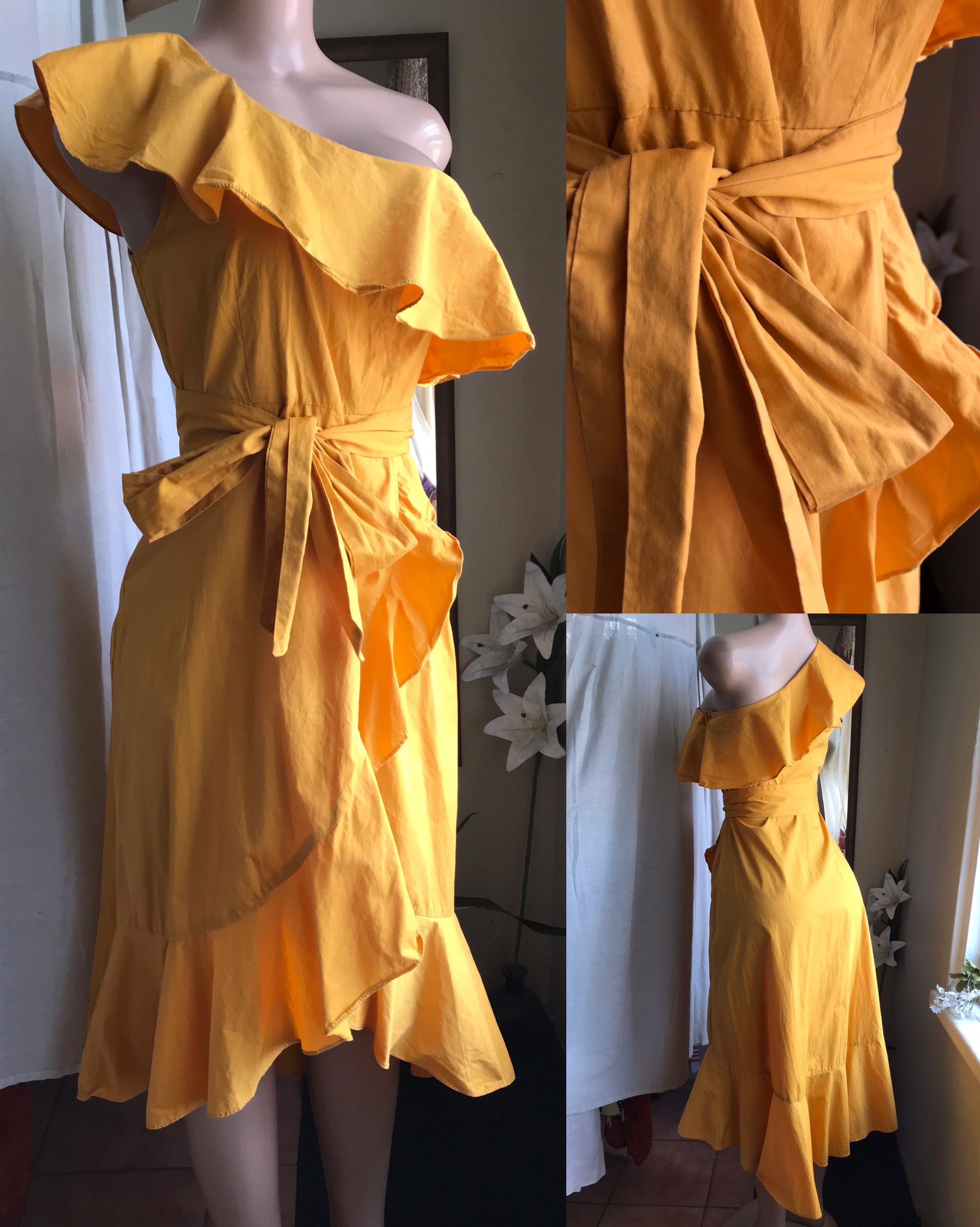 yellow ruffle occasion wrap style dress 100% cotton . s ,,,