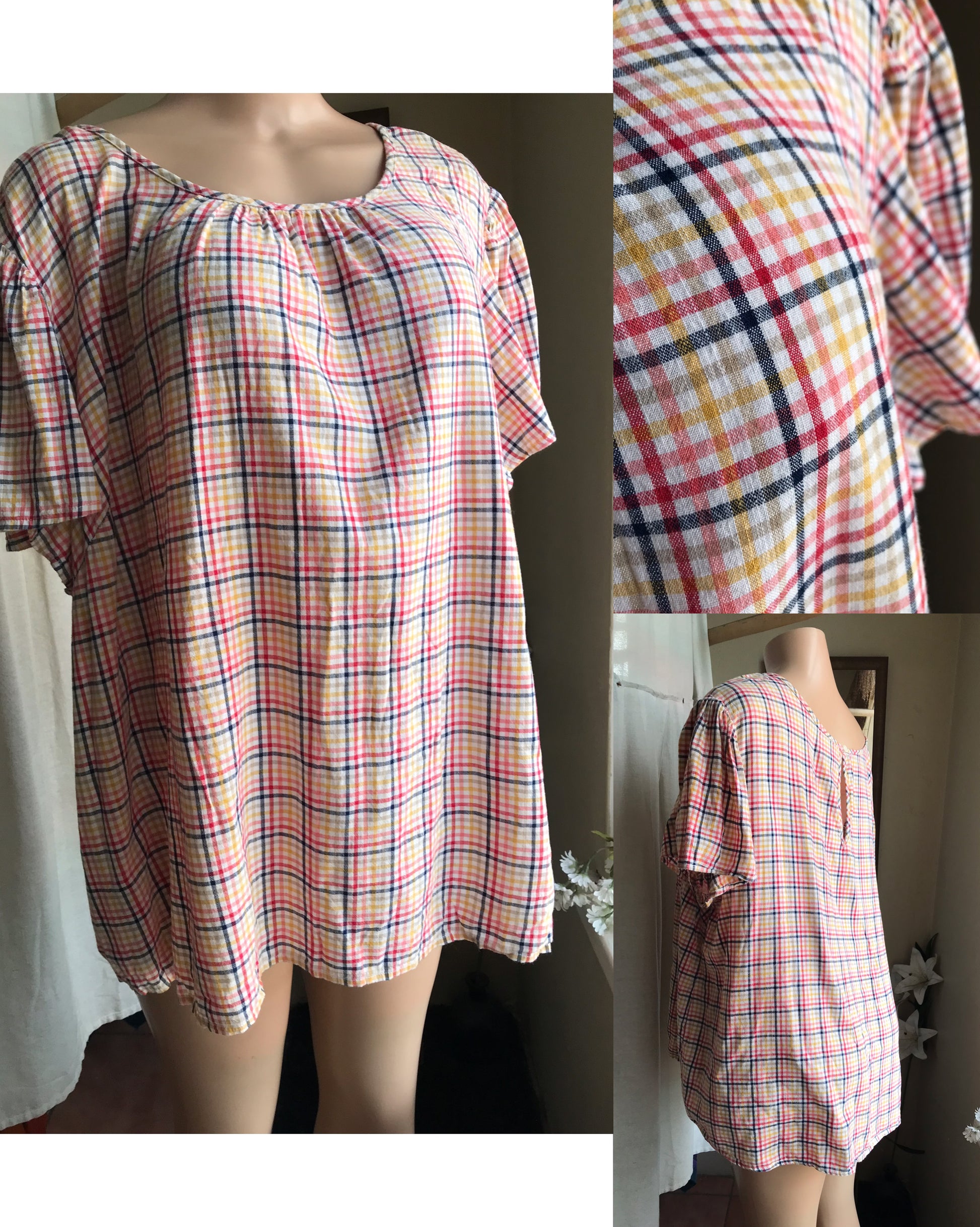 organic primary colour plaid keyhole back blouse . (/XL) : 2x