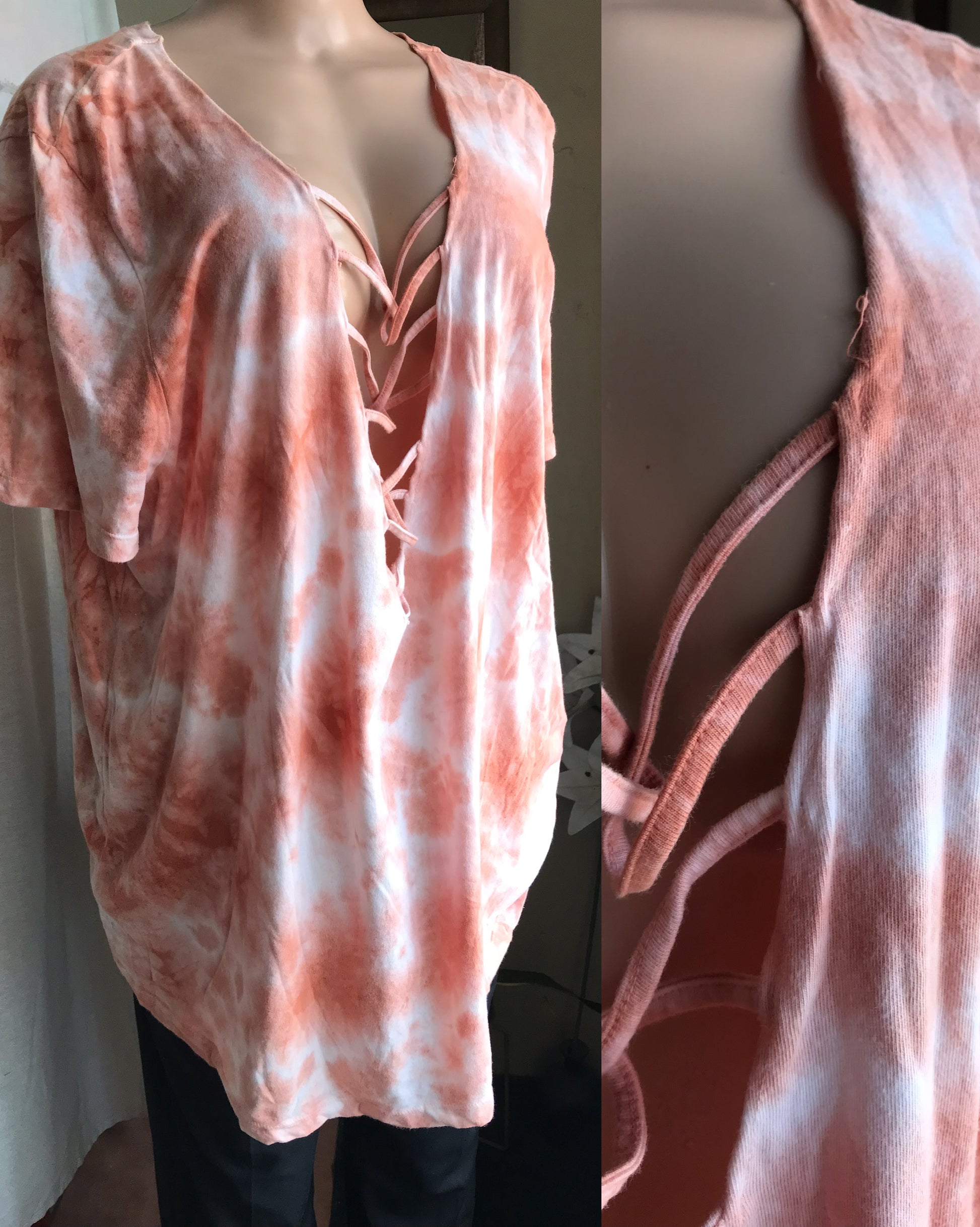 100% cotton tie dye lace front tee peach . (/XL) : 3x