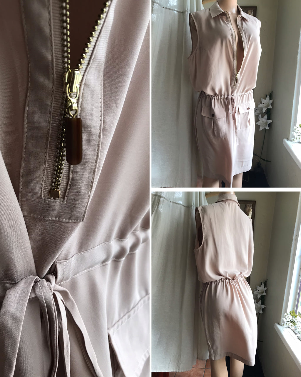 cream sleeveless shirt dress khaki with pockets . plus XL / size 16