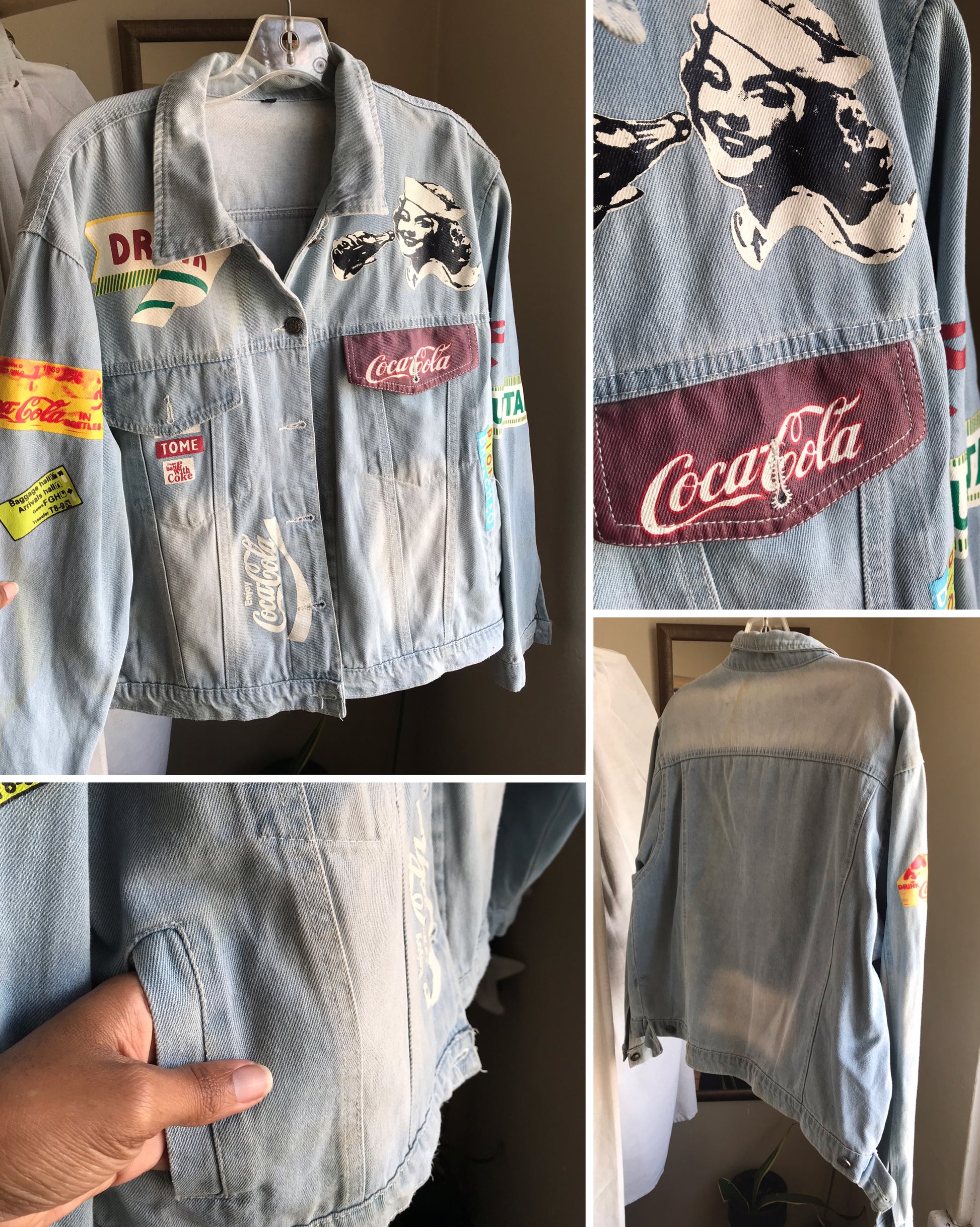 new novelty denim jacket light wash Coca Cola emblem retro >>> mens M