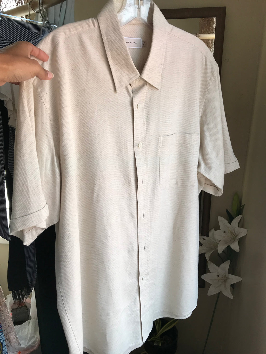 Men's organic cream herringbone weave button shirt vintage,,, /XL ^^^