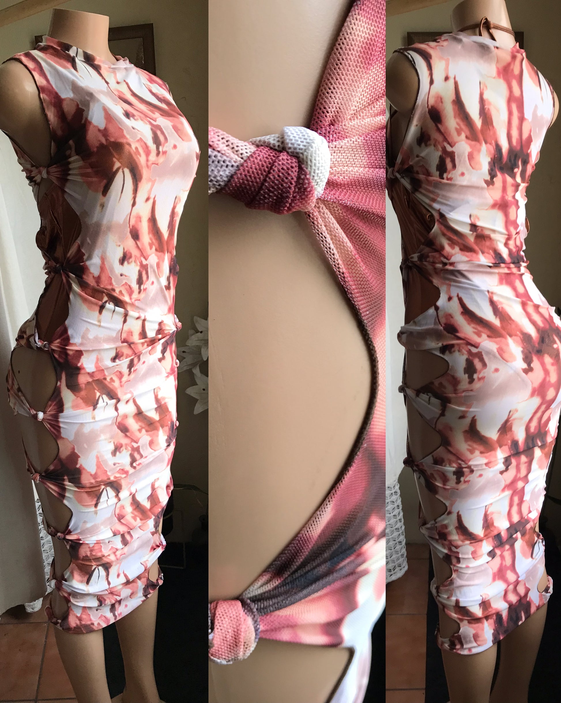 knotted brown marble mesh dress/coverup . m to large