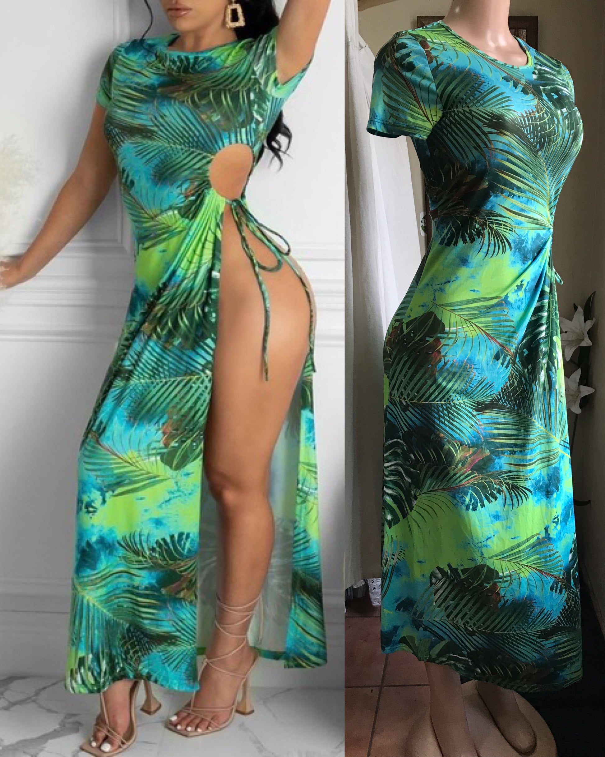 tropical sexy cutout maxi dress ruche tie / coverup . m stretch