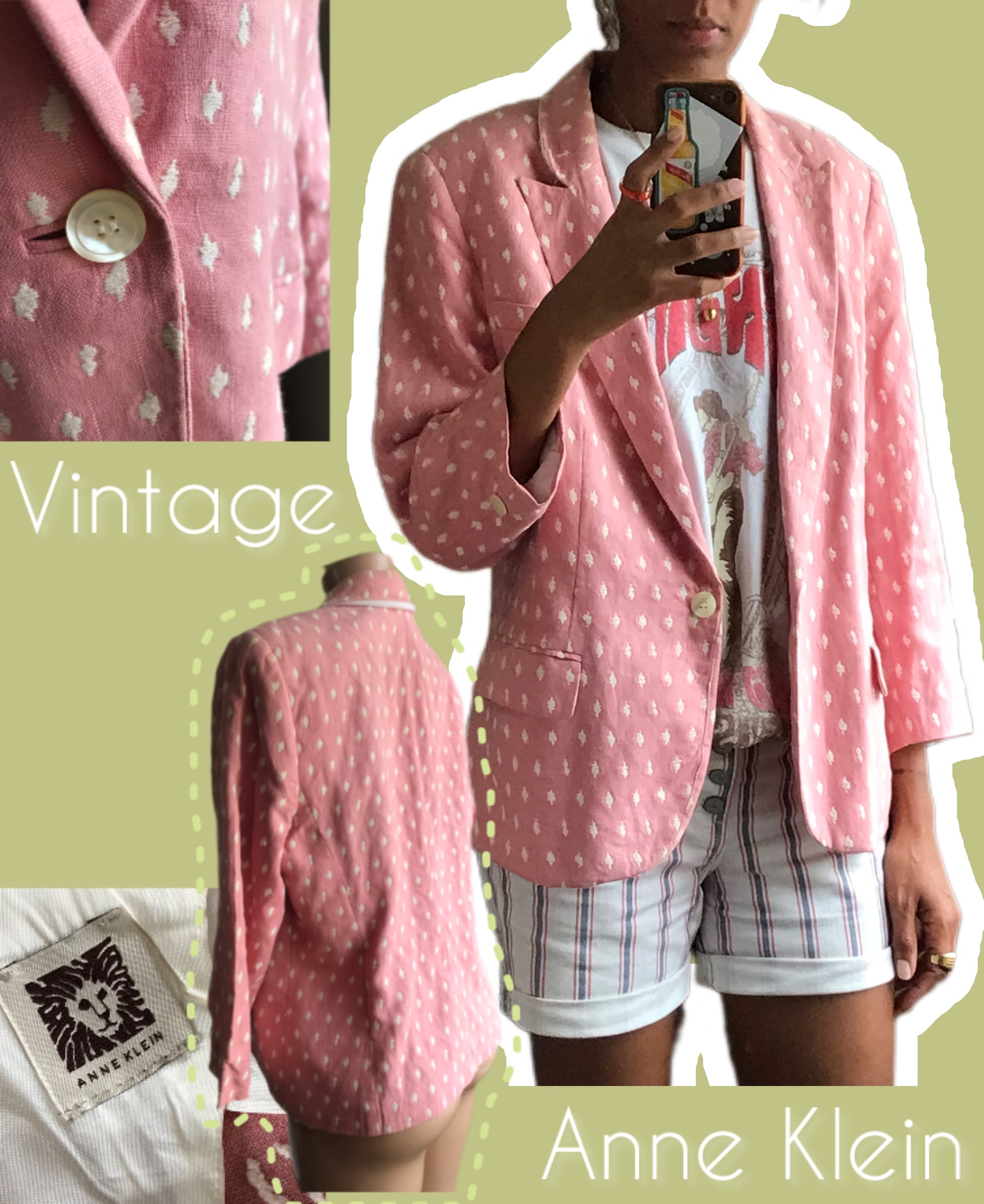 Anne Klein vintage pink spotted blazer linen cotton ^^^  Medium to Large