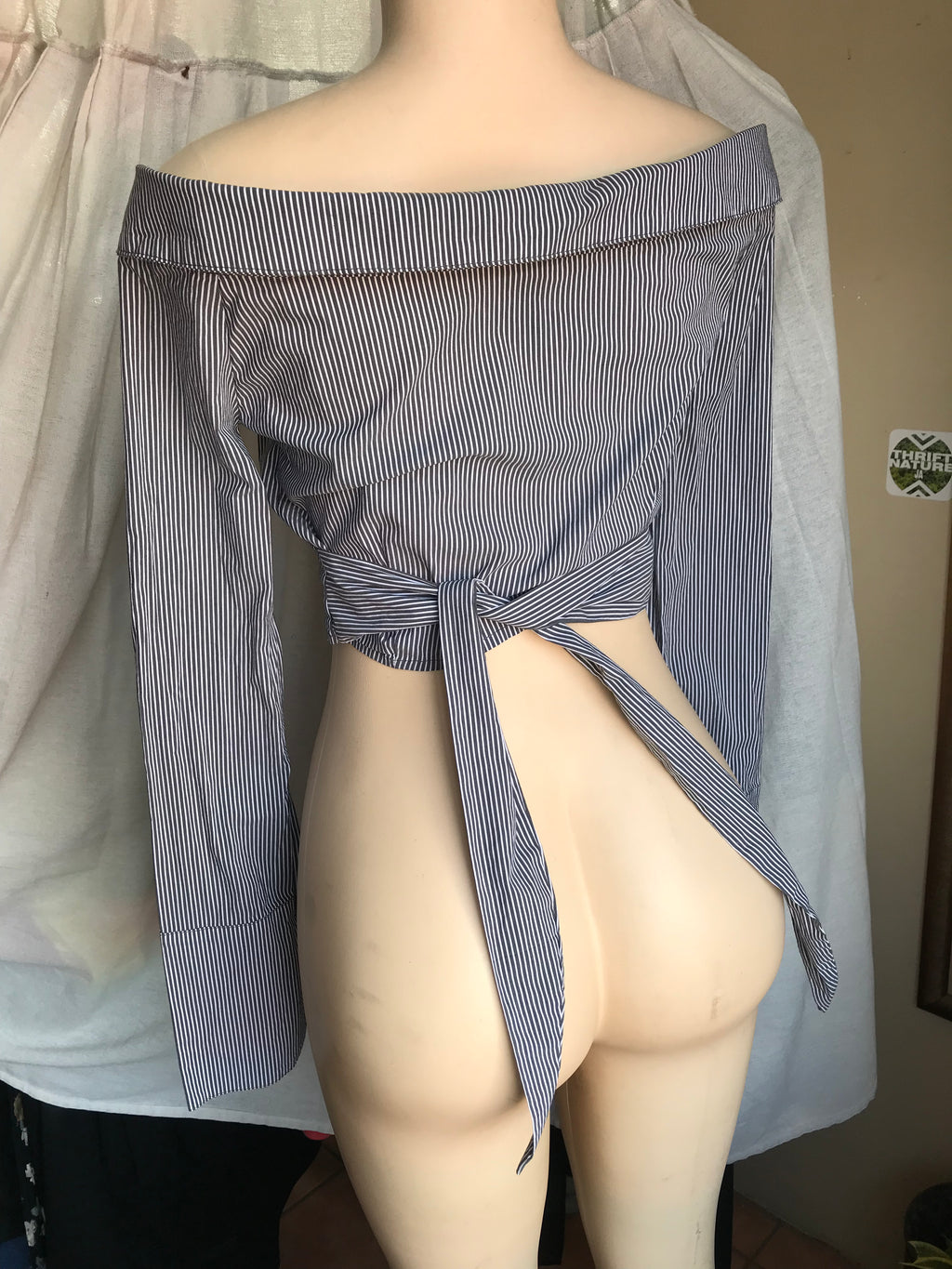 navy stripe off the shoulder button fashion crop tied extra long sleeve... s