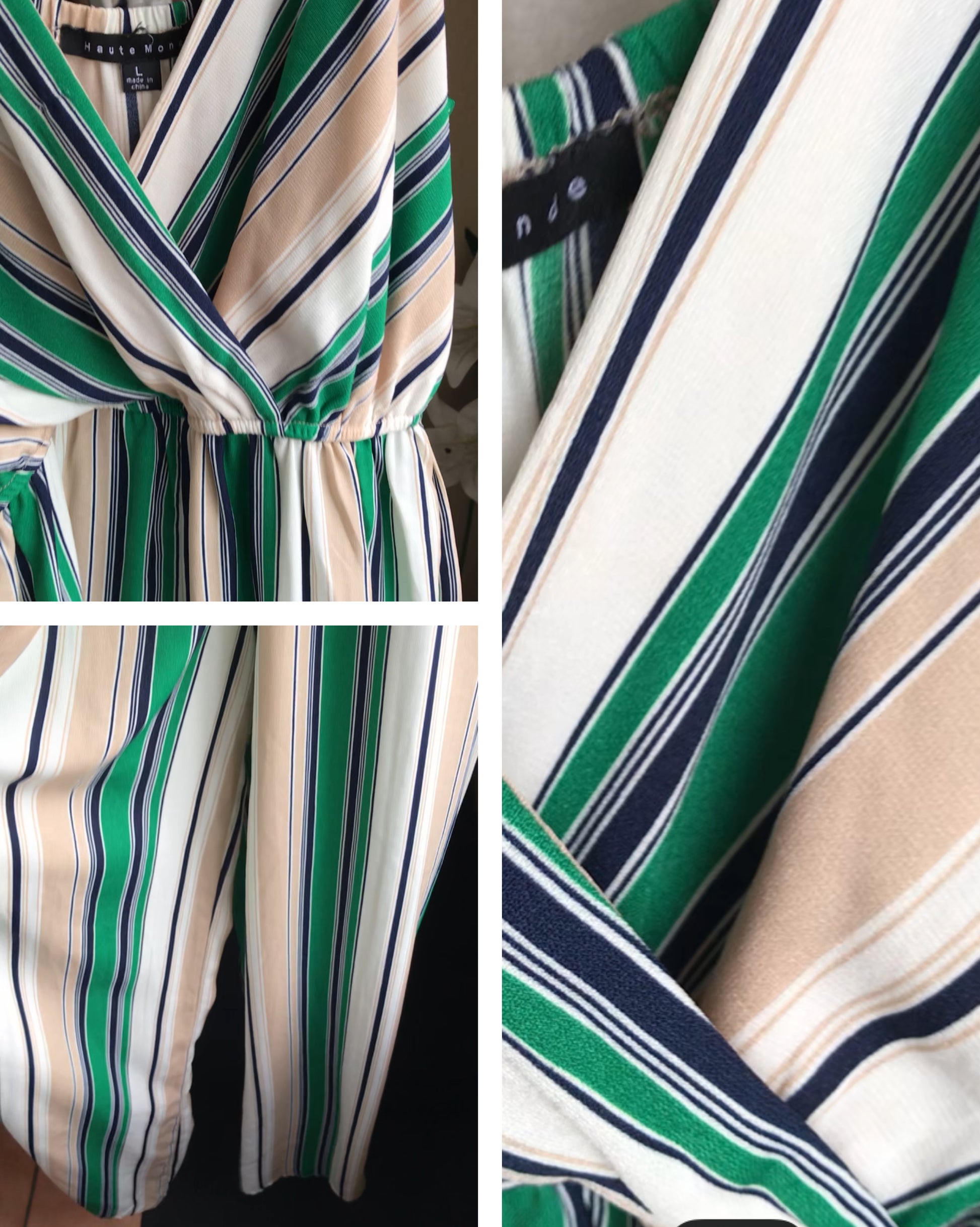 stripe white green jumpsuit spahgetti ~~~ / coverup . large