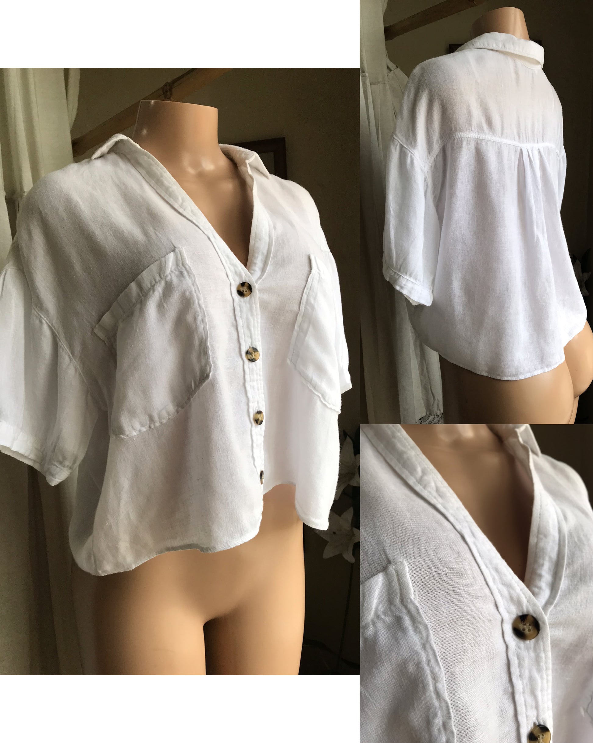 zara white 100% linen button shirt cropped wide ,,, L ...