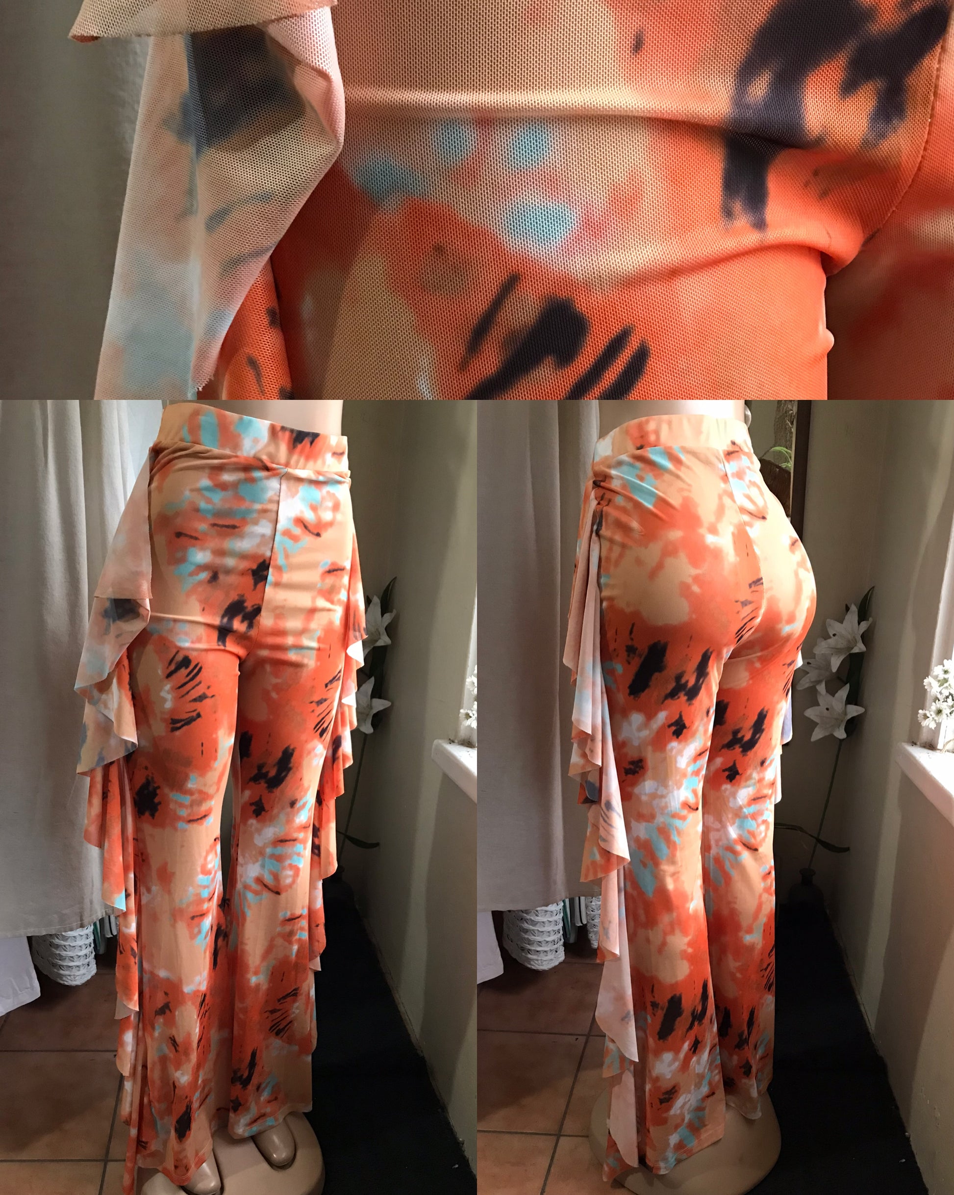 orange marble ruffle side mesh pants / coverup ::: L