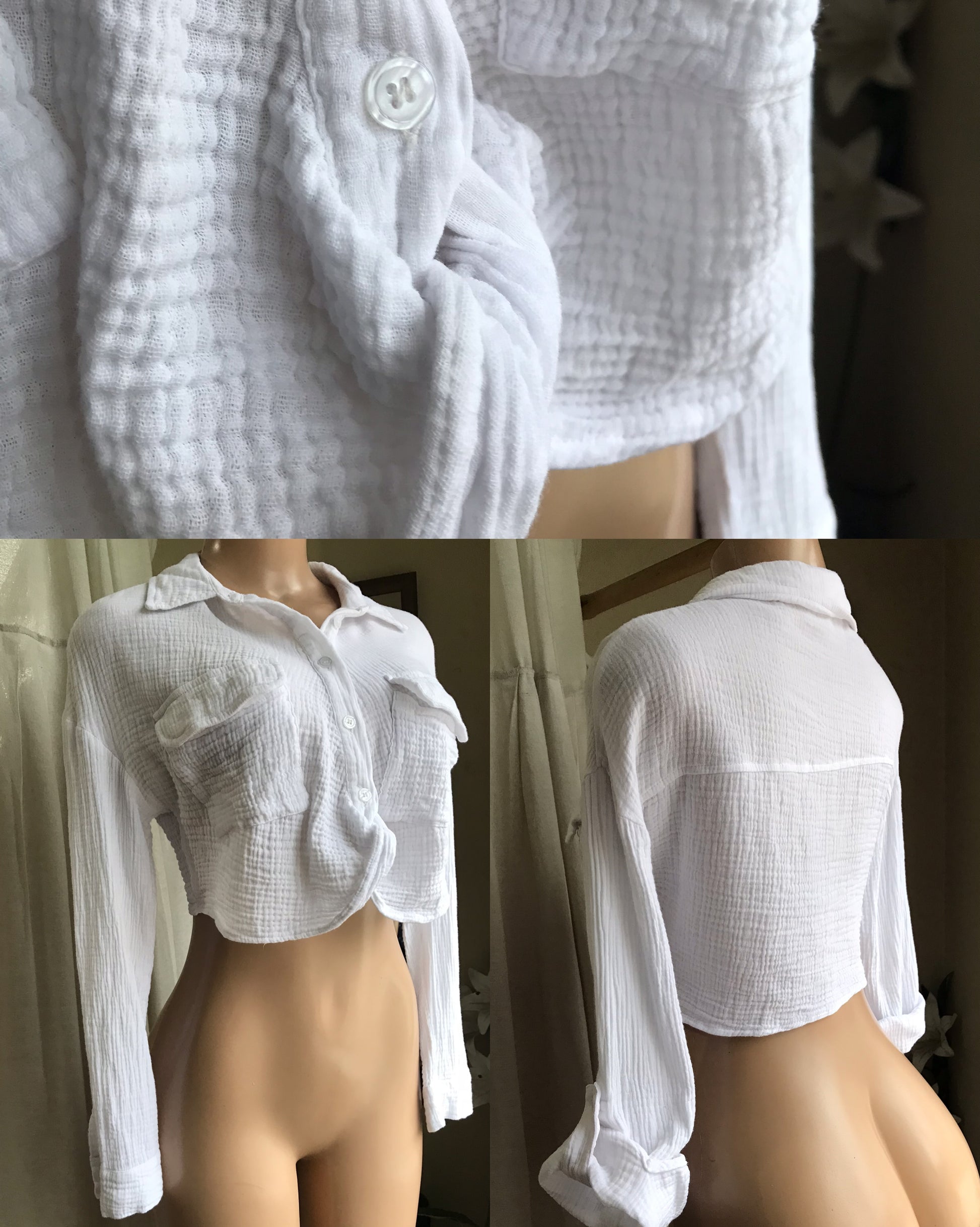 100% cotton button shirt soft textured with knot and cropped cuffed detail white ,,, M ...