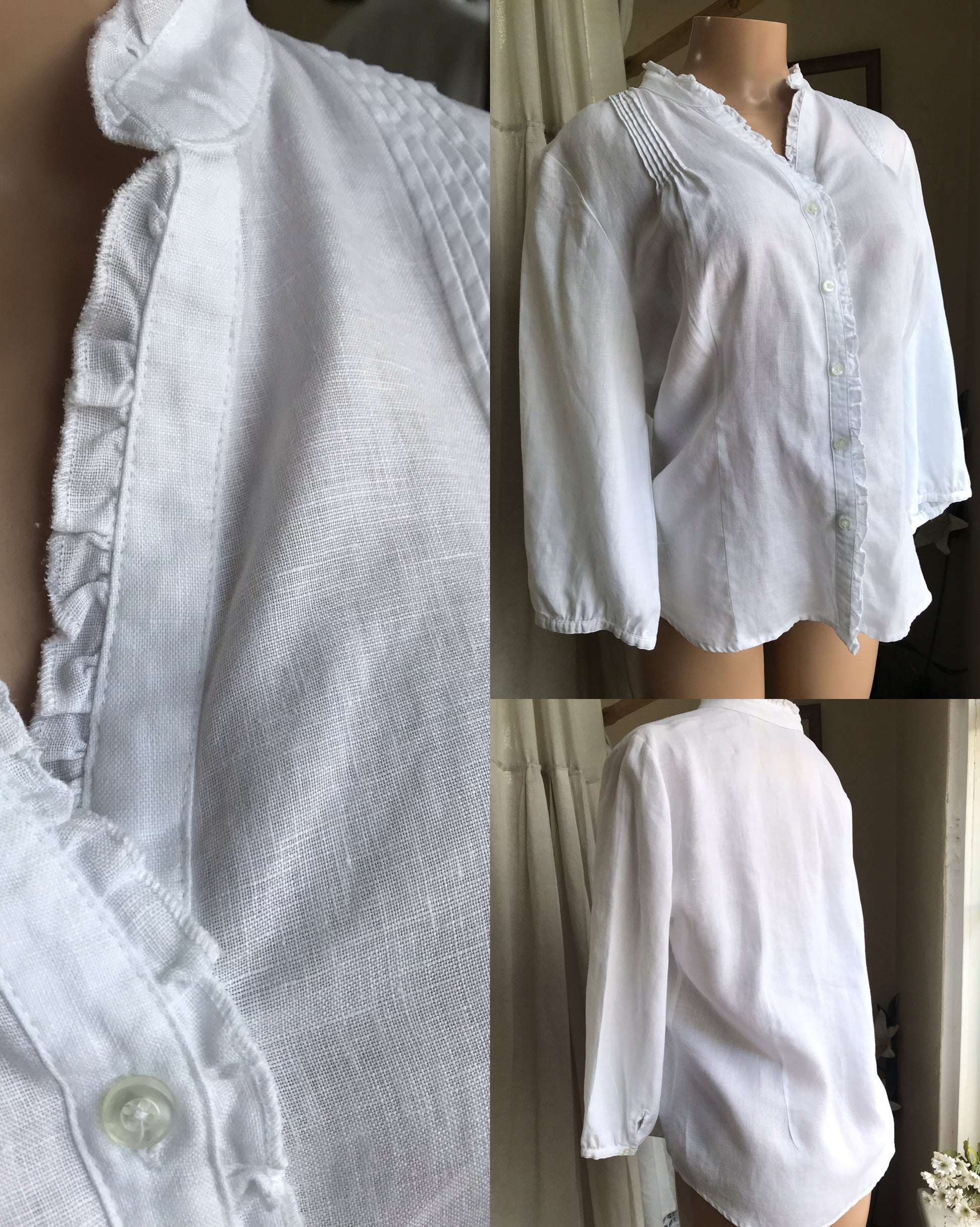 retro 100% linen button shirt long sleeve pleat and frill detail white ,,, L ...