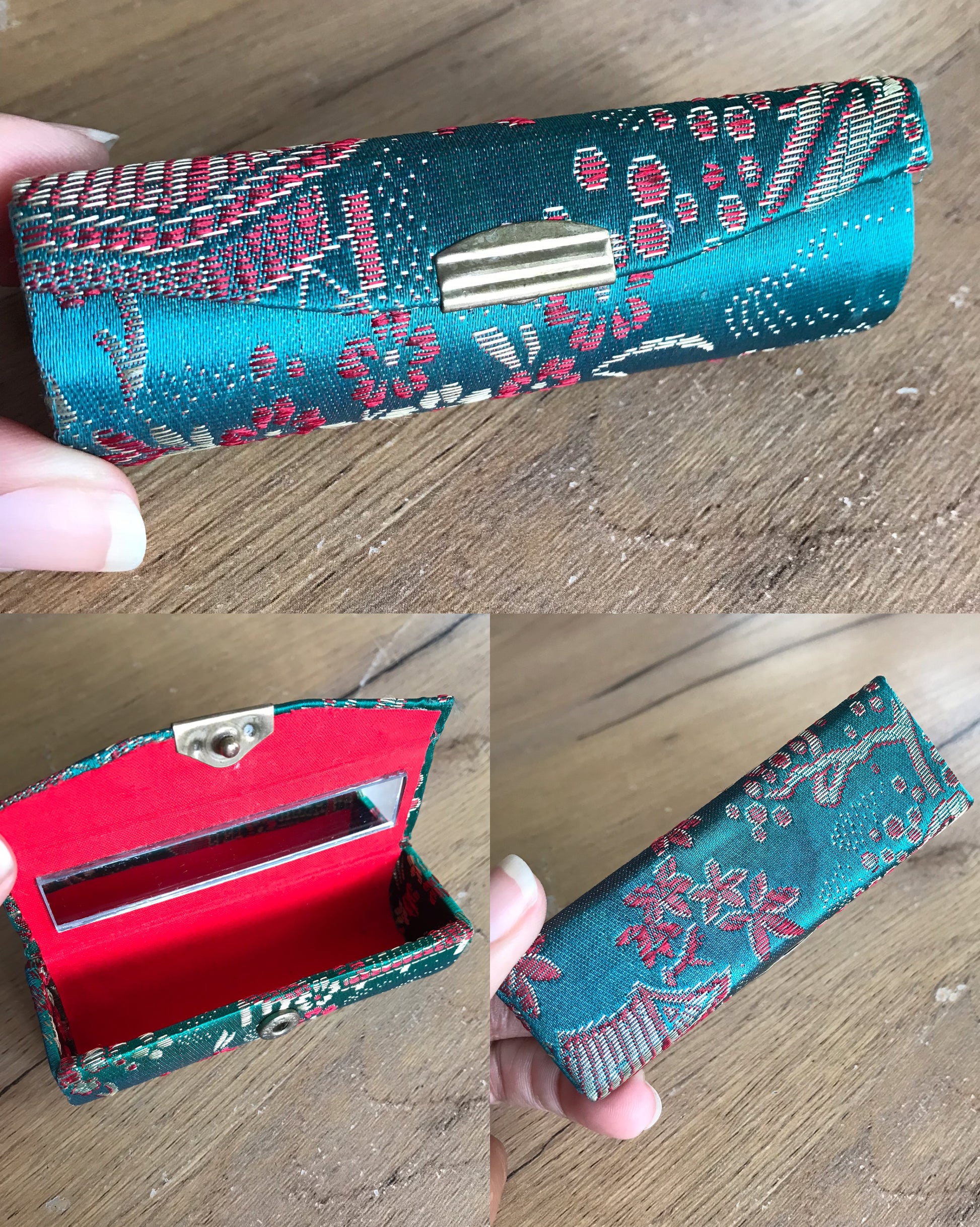 vintage silk brocade lipstick purse with mirror ^^^ emerald green