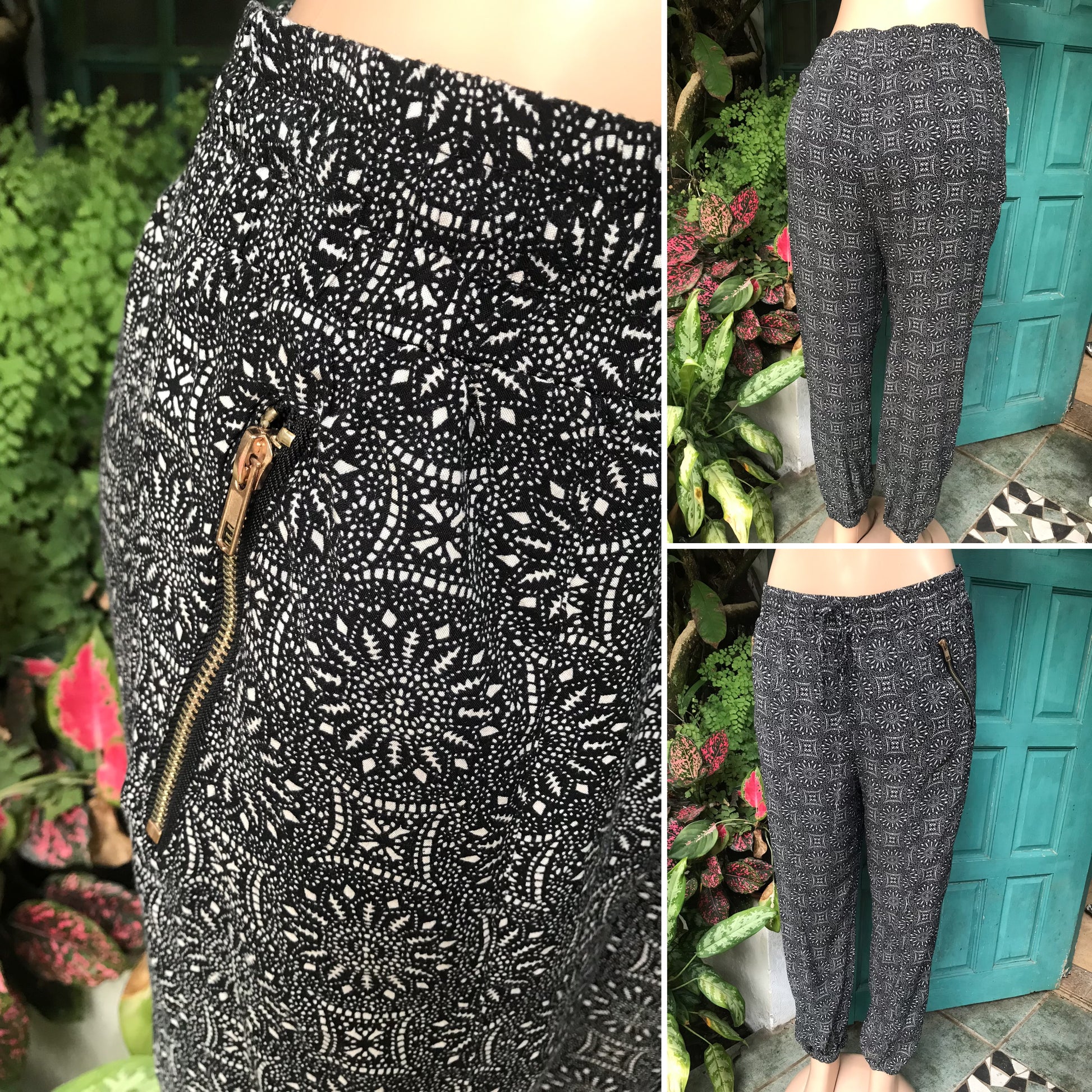 Black draw string zip pocket print pant ::: /xl
