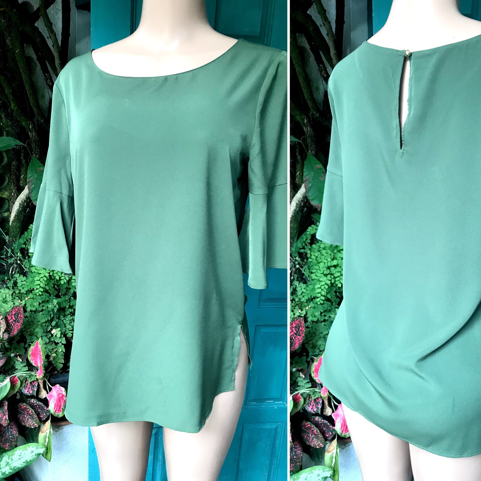 Ann Taylor earth green bell sleeve keyhole professional blouse... M