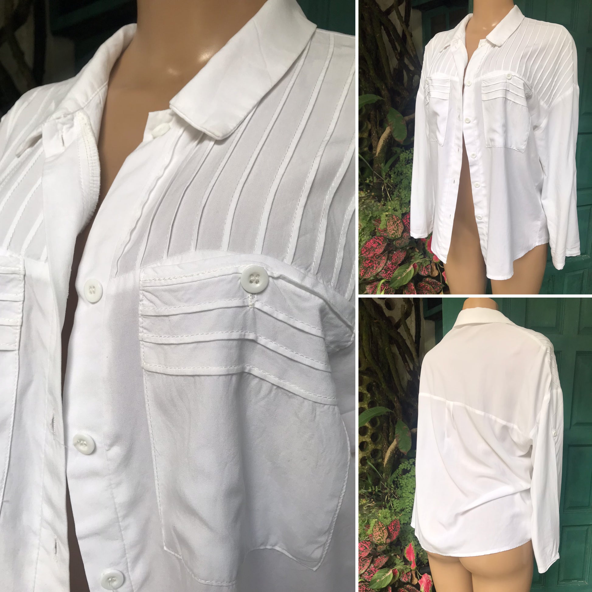 White organic button shirt front pleat pockets... /XL fit,,,