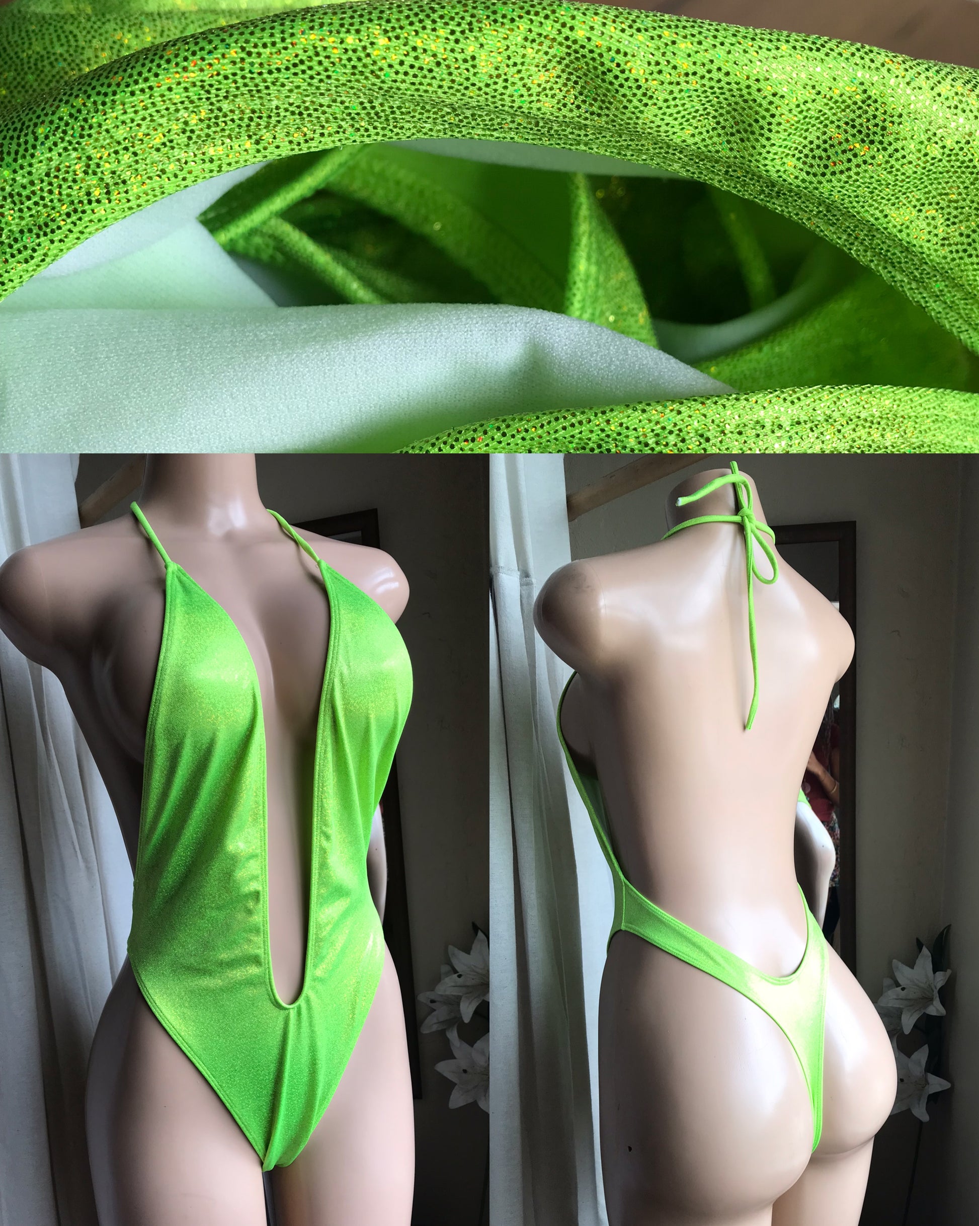 neon green glitter one piece swim suit plunge neckline . s (like new)