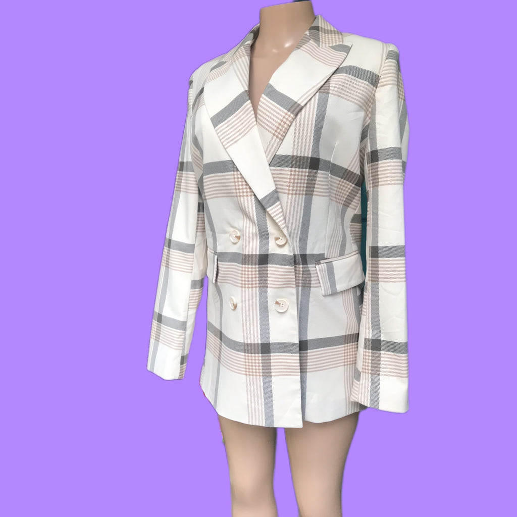 Vintage cream long double breasted plaid blazer >>> S/M ^^^