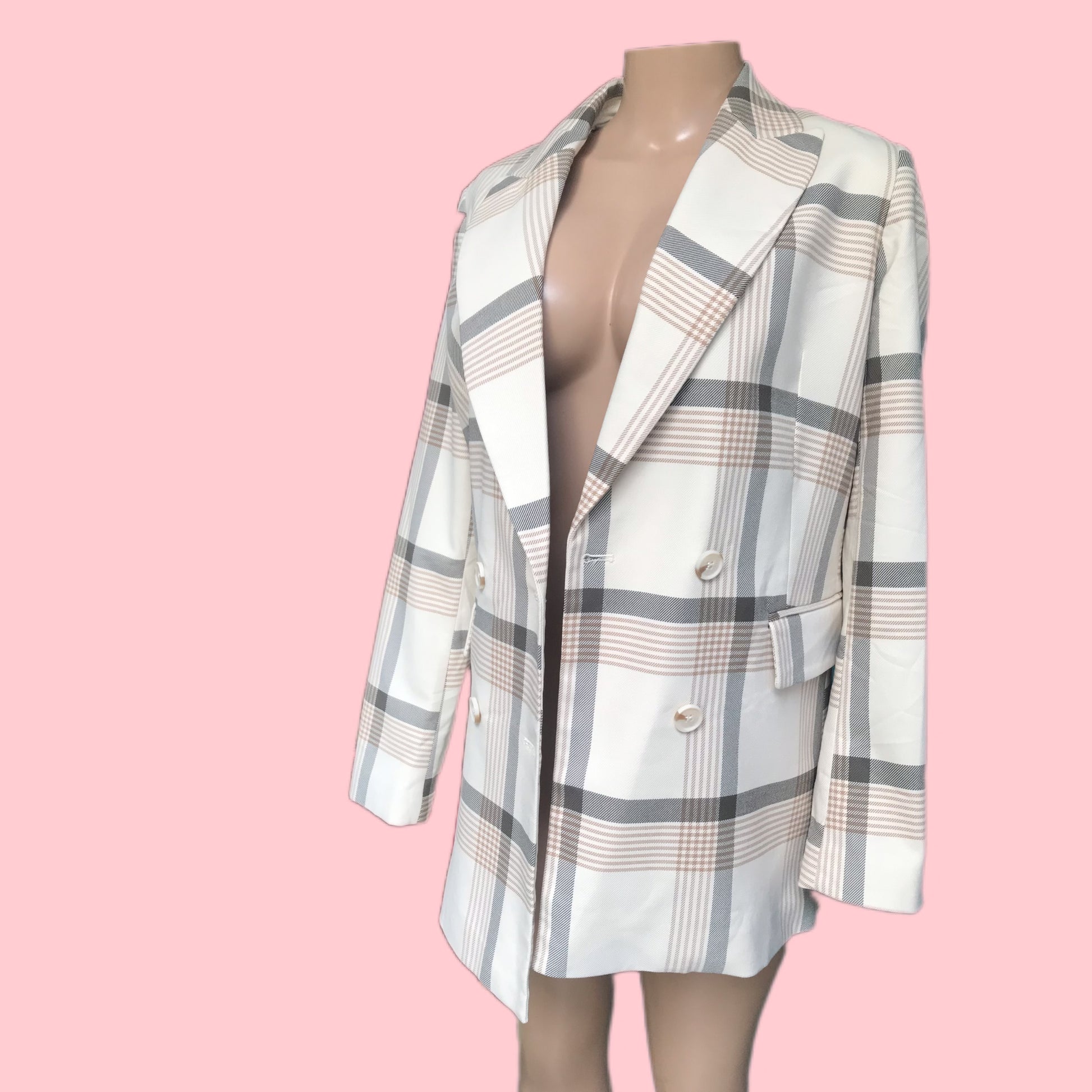 Vintage cream long double breasted plaid blazer >>> S/M ^^^