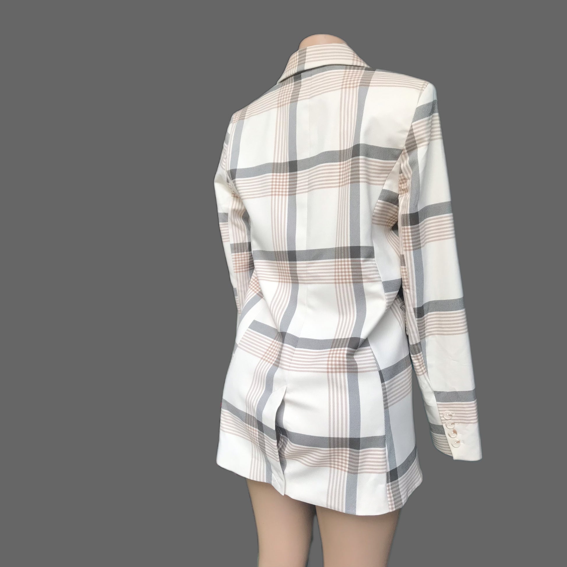 Vintage cream long double breasted plaid blazer >>> S/M ^^^