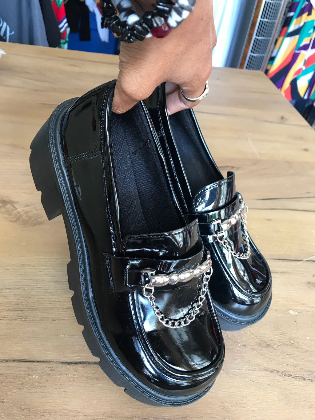 new platform silver chain shiny loafer shoe black  /// size 8
