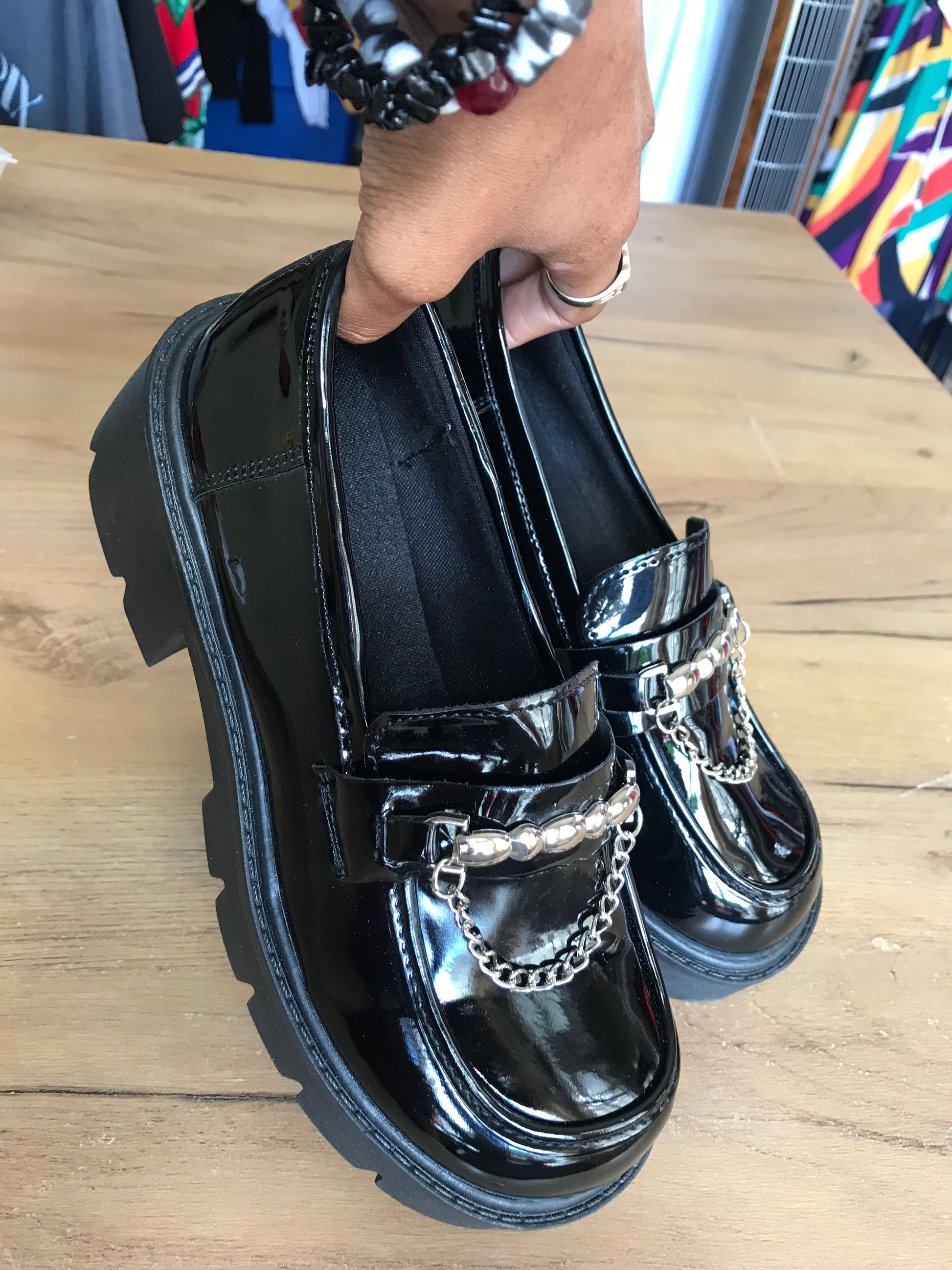 new platform silver chain shiny loafers  /// size 8