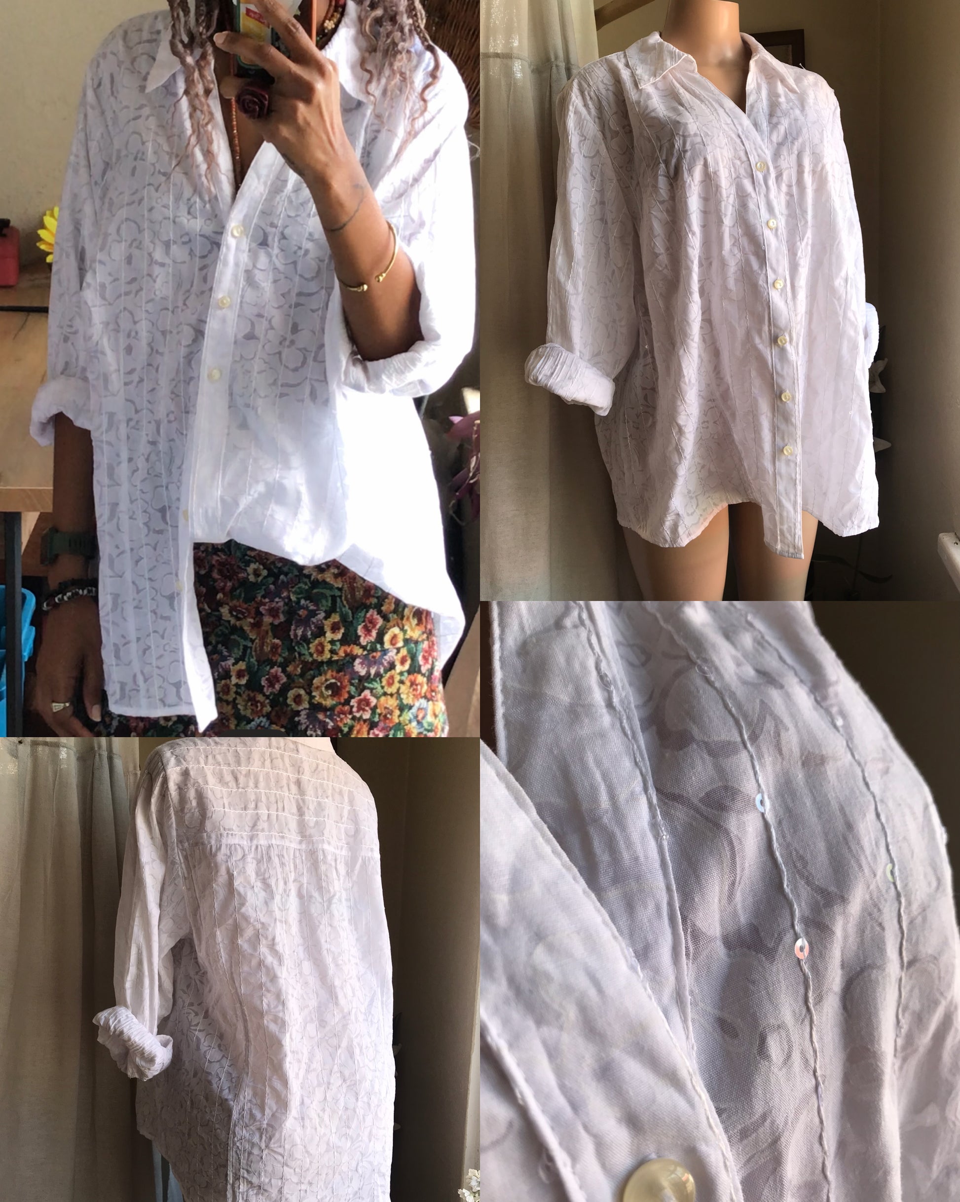 vintage white sequin floral button long sleeve shirt ... plus or XL to 2X ,,, cotton blend