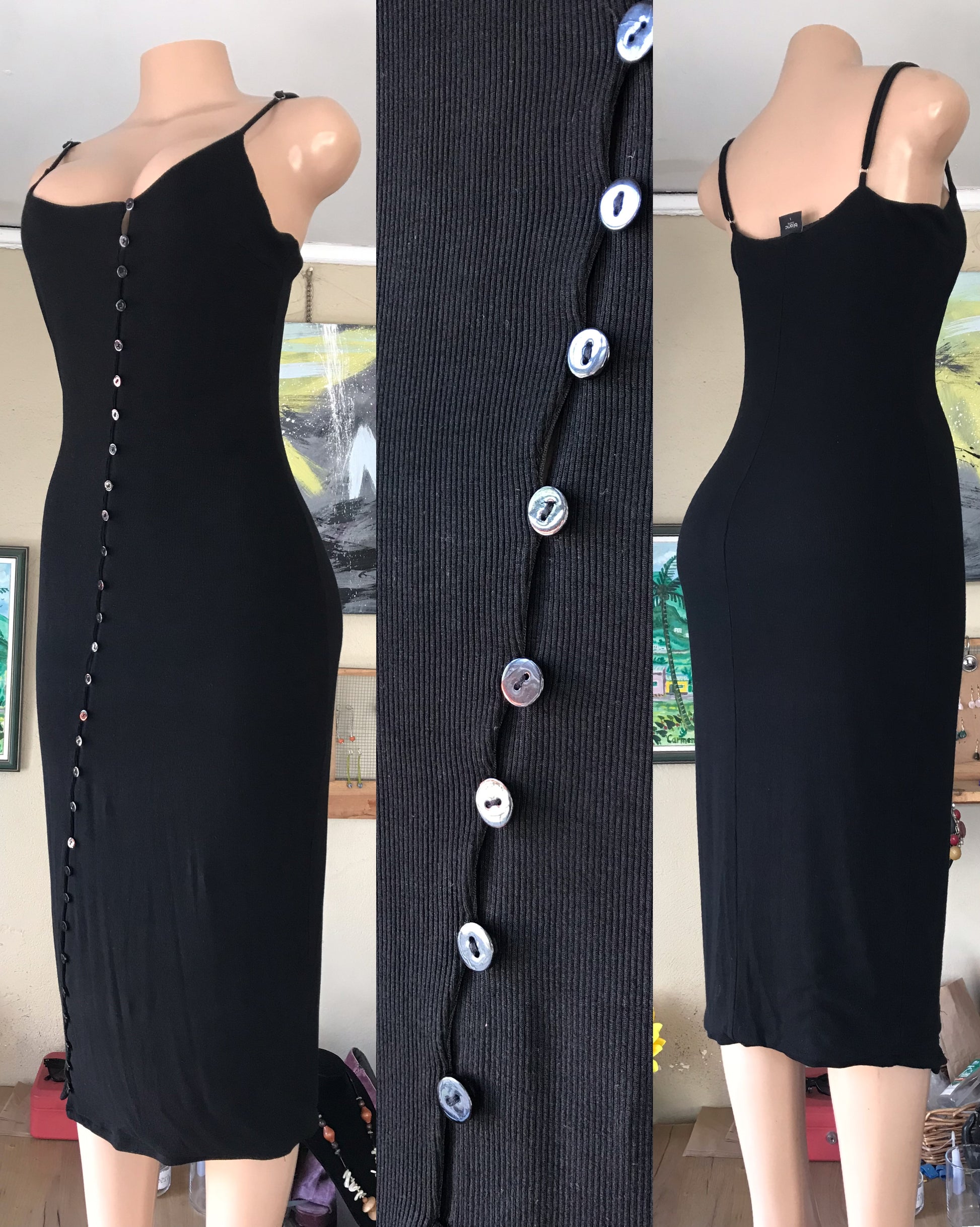 black ribbed bodycon spaghetti midi dress asymmetrical button . Large