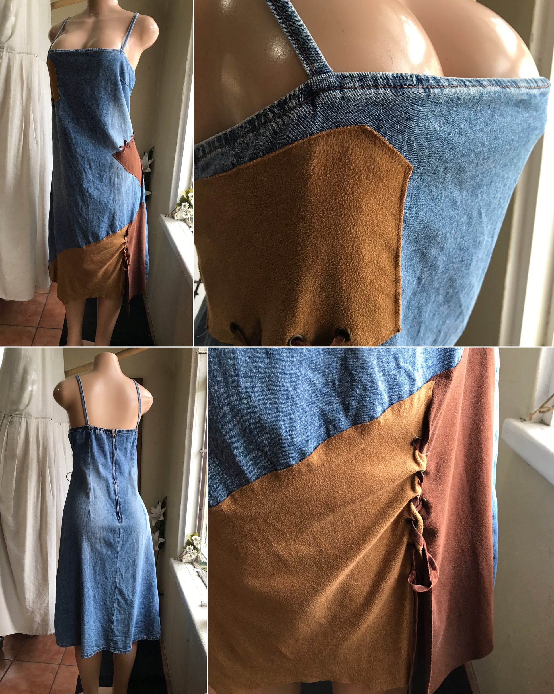 vintage denim spaghetti midi dress with leather detail ^^^ plus / xl to 2x