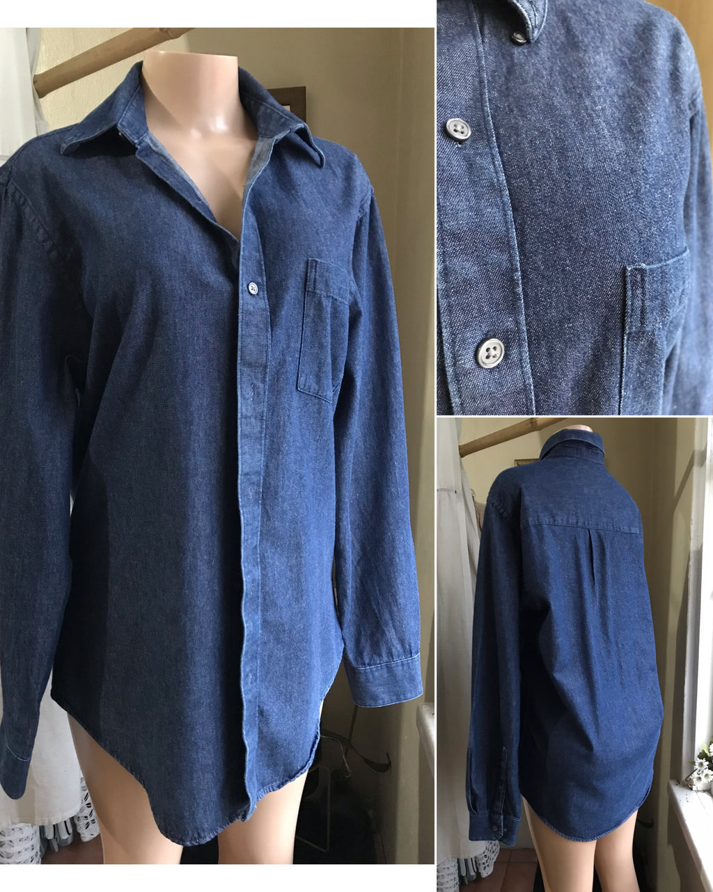 vintage 100% cotton dark blue button shirt ... mens m ^^^ ,,,