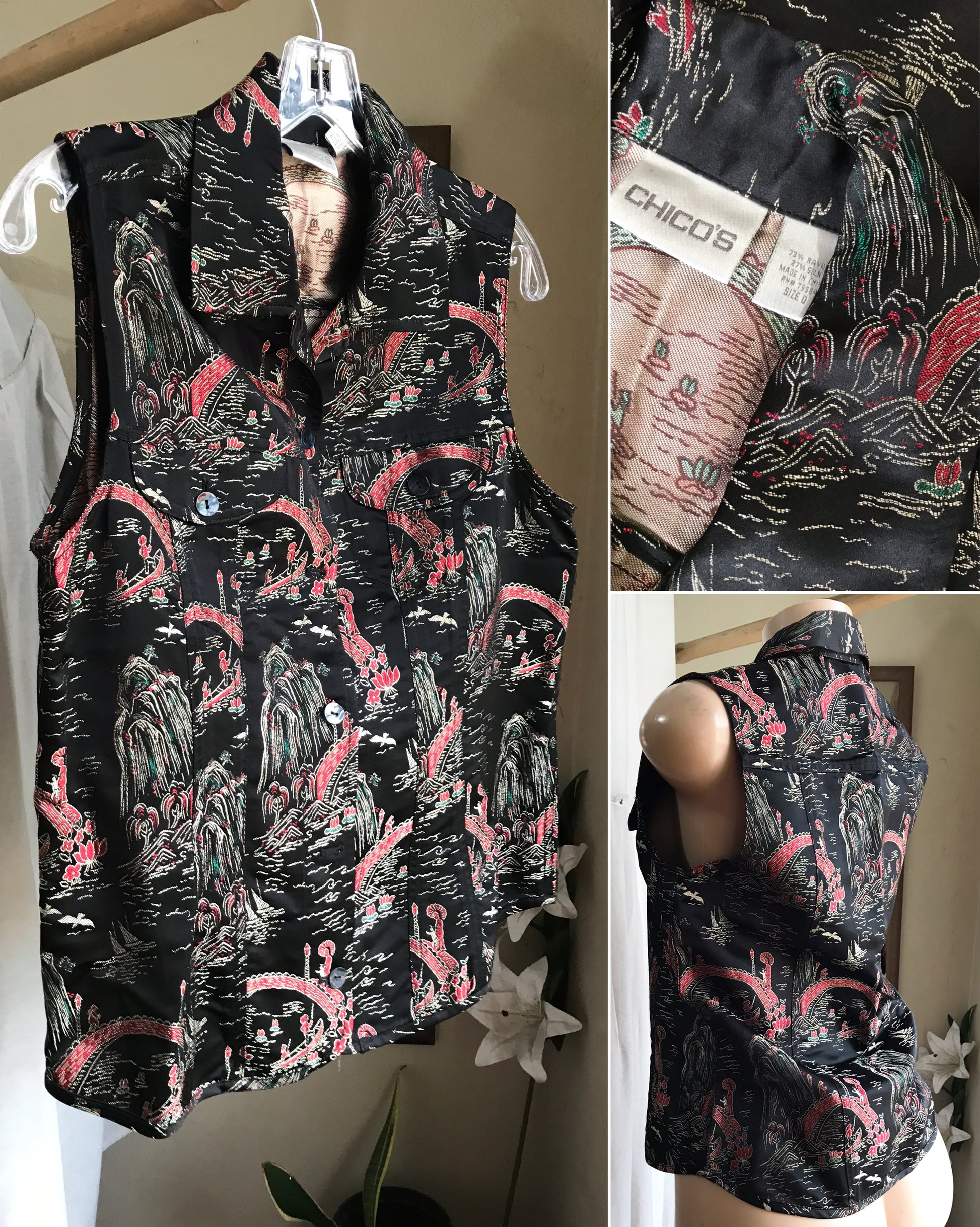 vintage silk blend oriental embroidery sleeveless blouse ... M ^^^