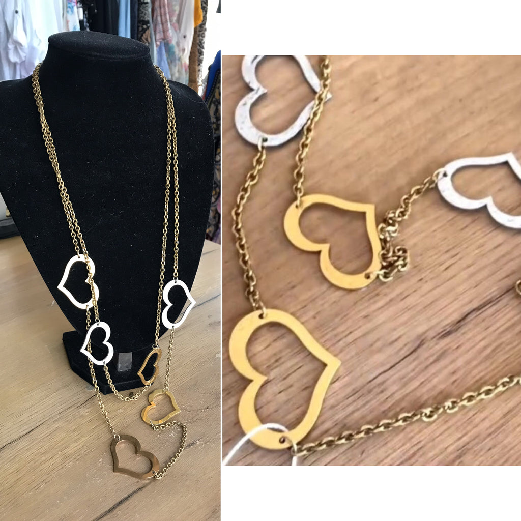 Stainless steel long hearts necklace 2 tier *** gold and silver